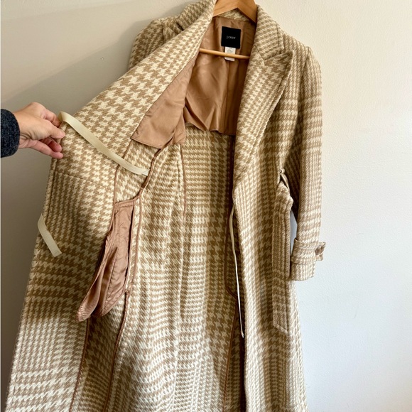 Vintage J. Crew Houndstooth long Wool Coat Tan Cream Size 4 P Checkered belted - Picture 11 of 16